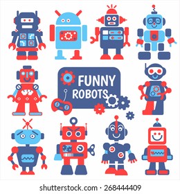 Funny robots set. 10 cheerful robots for design. 