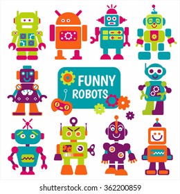 Funny robots set. 10 cheerful robots for design. Can use for production for children.