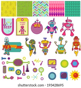 Funny Robots Theme - Scrapbook Design Elements - for party, decoration, birthday -  in vector