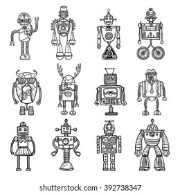 Funny robots toys doodle style black icons pictures collection with tinker man and owl isolated vector illustration 