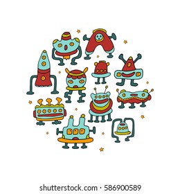Funny robots-aliens in the circle. Vector illustration.