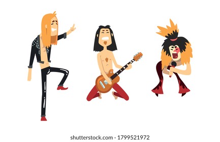 Juego de personajes de músicos de rock divertidos, miembros de banda de metal pesado tocando guitarra y cantando dibujos al estilo de dibujos animados Ilustración vectorial