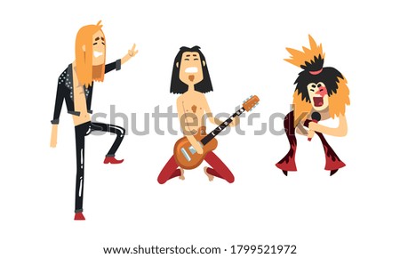 Funny Rock Musicians Characters Set, Heavy Metal Band Members Playing Guitar and Singing Cartoon Style Vector Illustration