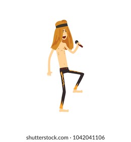 Funny Rocker With Long Hair Singing Into Microphone. Leader Singer Of Metal Band. Cartoon Man Character In Skinny Black Pants With Bright Print. Flat Vector Design