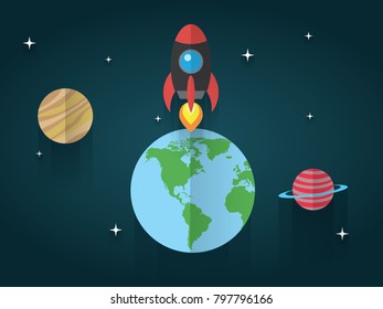 funny rocket is launching from the earth