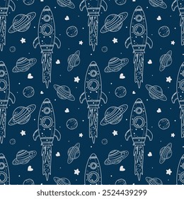 Funny rocket pattern. In a linear children's hand style.