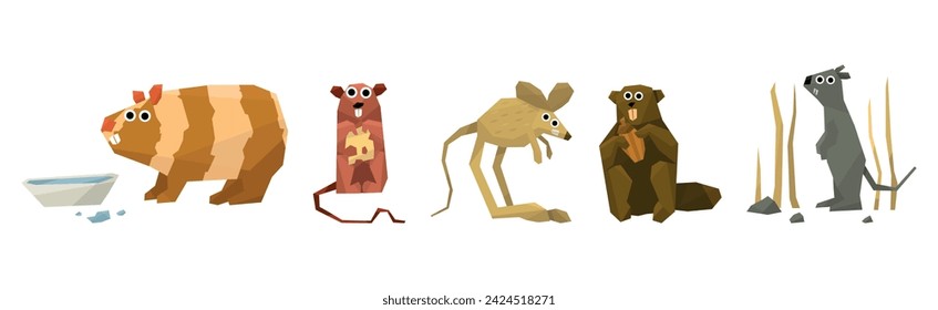 Funny Rodent Animal with Tail and Teeth Vector Set