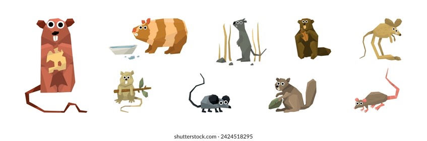 Funny Rodent Animal with Tail and Teeth Vector Set