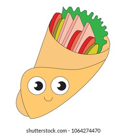 Funny Roll Burger fast food cartoon. Outlined illustration with thin line black stroke