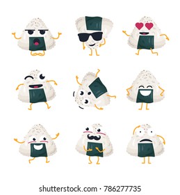 Funny roll with nori - vector isolated cartoon emoticons. Cute emoji set with a nice character. A collection of angry, surprised, happy, crazy, laughing, sad Japanese food on white background