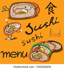 Funny roll. Sushi assortment for the menu. The menu design of the restaurant is oriental cuisine. Hieroglyph in Japanese "food".