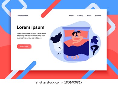 Funny romantic couple lying in bed after sex and hugging flat vector illustration. Cartoon man and woman in love sleeping in bedroom, clothes scattered around. Sexual relationship and intimacy concept