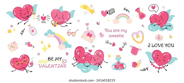 Funny romantic elements. Cute hearts couple, love letters and parcel, rainbow. Valentines day symbols, isolated lovely stickers nowaday vector set