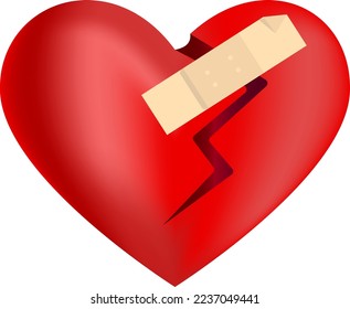 Funny romantic illustration with broken heart and treatment with patch for Valentines Day greeting card