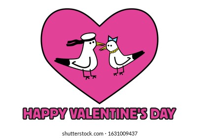 Funny romantic seagulls couple in love on happy valentine's day. One bird character is like a sailor  in sea hat with anchor tattoo. Girl seagull is beautiful with her beads and bow on a head.