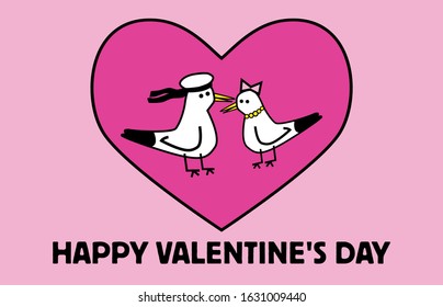 Funny romantic seagulls couple in love on happy valentine's day on pink background. One bird character is like a sailor. Girl seagull is beautiful with her beads and bow on a head.