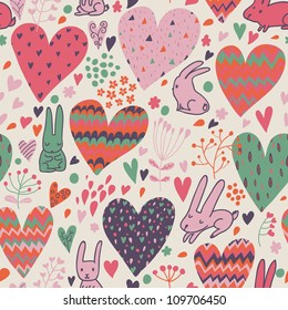 Funny romantic seamless pattern with cartoon hares