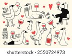 Funny romantic vector illustration set with gooses, wine glass and red hearts. Cute party print design invitation, love greeting card, home wall decoration poster