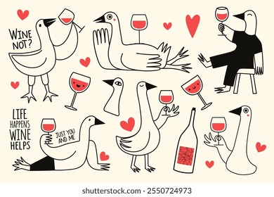 Engraçado vetor romântico ilustração conjunto com gooses, copo de vinho e corações vermelhos. Convites de design de impressão de festa bonito, cartão de saudação do amor, cartaz de decoração de parede de casa