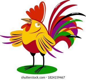 Funny rooster, cartoon character, colorful vector image, isolated on white background