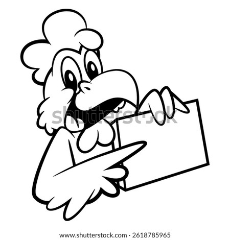 Funny rooster cartoon characters, pointing a signboard with its fingers. best for outline, logo, and coloring book with fast food restaurant themes