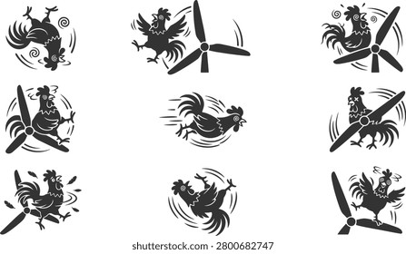 Funny rooster characters spinning rapidly with propellers in a set of chaotic and energetic vector art illustrations