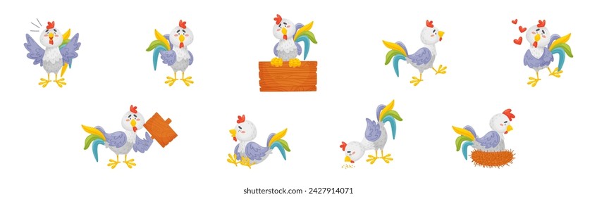 Funny Rooster or Cockerel Character in Different Pose Vector Set