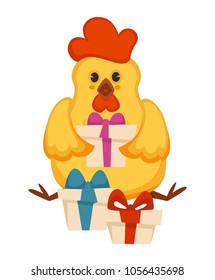 Funny rooster with gift boxes wrapped with ribbon