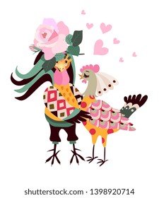 Funny rooster and hen in love isolated on white background. Wedding invitation.