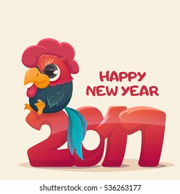 Funny Rooster illustration for the new year 2017. Little rooster sitting on number two. Happy New Year text. Symbol of 2017 on the Chinese calendar.