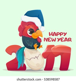 Funny Rooster illustration for the new year 2017. Little rooster sitting on egg. Happy New Year text. Symbol of 2017 on the Chinese calendar.