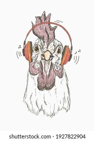 Funny rooster listen music with headphones, hand drawn cartoon graphic vector hen portrait, front view