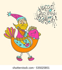 Funny rooster and Santa Claus illustration, New Year 2017, Vector