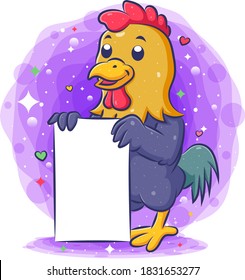 Funny rooster standing and holding blank paper of illustration