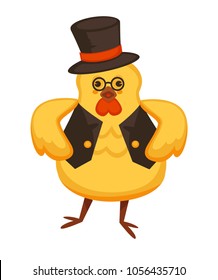 Funny rooster in tall hat and vest with round glasses