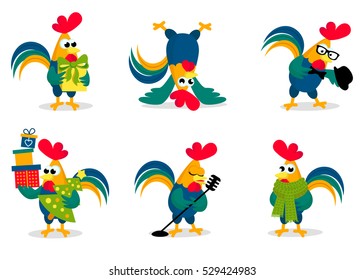  Funny roosters in different poses isolated on background. Cute cartoon rooster vector illustration. Cock, farm animal the symbol of New Year