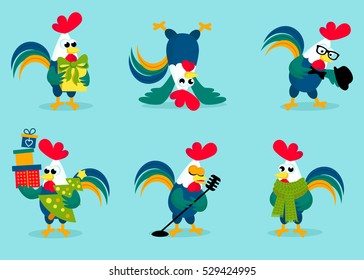  Funny roosters in different poses isolated on background. Cute cartoon rooster vector illustration. Cock, farm animal the symbol of New Year