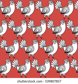 Funny roosters, seamless pattern for your design. Seamless texture with roosters pattern drawn by hand. Chinese New Year 2017 Year of Rooster and Prosperity)