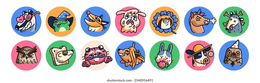 Funny round avatars of cute animals set. Circles with happy, sad, crying faces of baby characters for user profile. Portraits of different emotions. Flat isolated vector illustrations on white