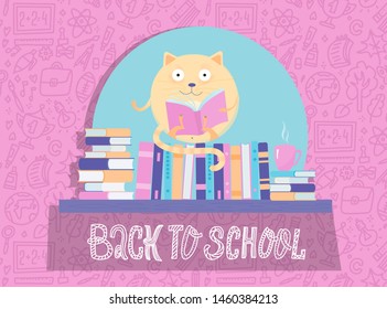 Funny round Cat Character reading book on book shelf. Back to school banner. Cartoon icharacter solated on pink background with school supplies pattern. Childish vector illustration