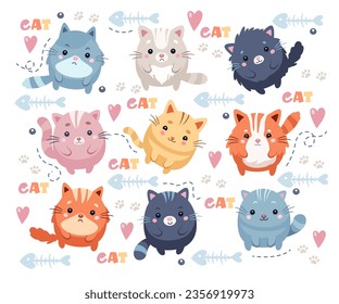 Funny round cat, kawaii domestic baby pet animal, cute cartoon fatty kitten character isolated sticker badge set. Adorable happy childish kitty creative whisker mascot vector illustration collection