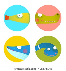 Funny round colorful signs for kids with animals. Set of round circle icons with fish for children. Wildlife signs set. Vector EPS10.