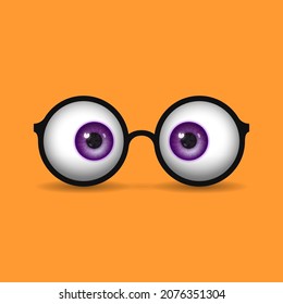 Funny round eyeglass frame and eyeballs with colored irises instead of lenses over bright background. Concept of vision correction using glasses, healthy vision