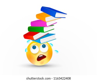 Funny round face carrying high stack of books or textbooks on head with facial expression or emotion on white background. The concept of hard study or work. Vector icon isolated on white background.