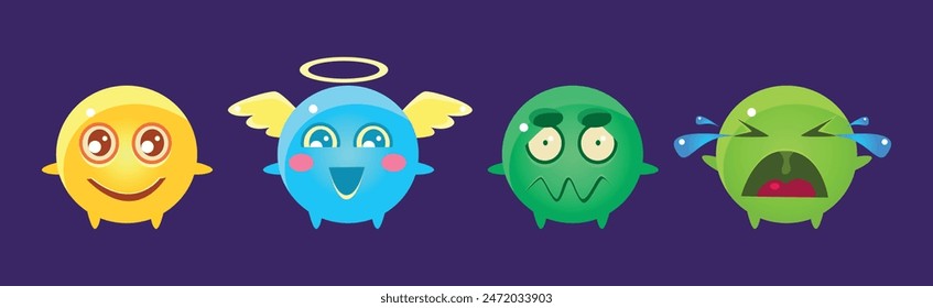 Funny Round Face Emotion Character Colorful Vector Set