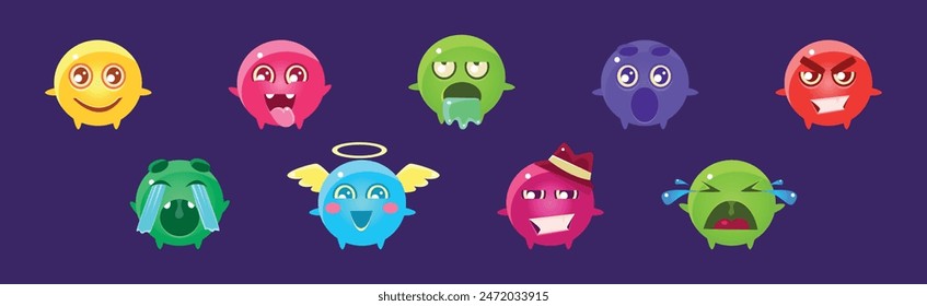 Juego de Vectores de colores de personajes de emoción de cara redonda divertida