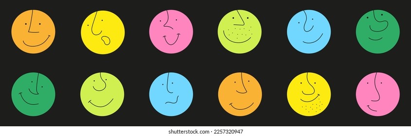 Funny round faces icon set vector in cartoon style. Colorful circle grimace character in simple style. 
Smiling, funny faces of little men. Children's sticker pack for social networks.