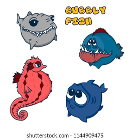 funny round fish. vector illustration. sea horse, shark, toothy fish and cute big-eyed fish