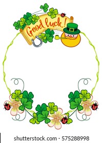 Funny round frame with shamrock, leprechaun and text "Good luck!". St. Patrick Day background. Copy space. Vector clip art.