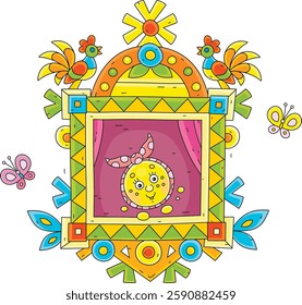 Funny round freshly baked loaf Kolobok dancing and singing on a decorative wooden window of a village log house from an old fairytale, vector cartoon illustration on a white background